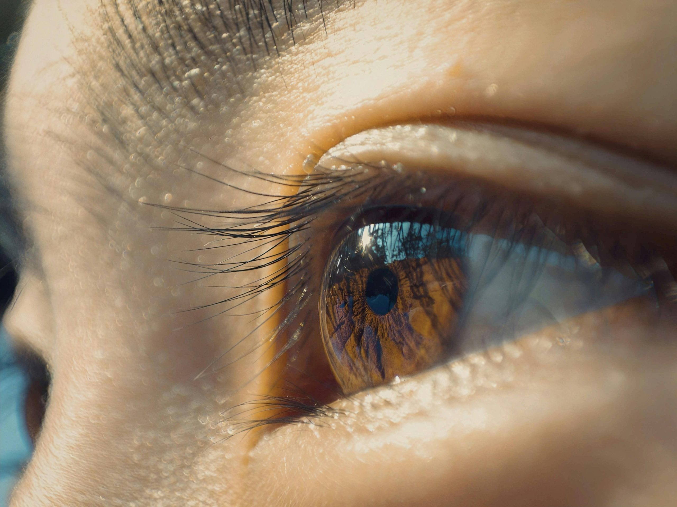 Detailed macro of an eye reflecting trees and sky, capturing natural beauty and introspection.